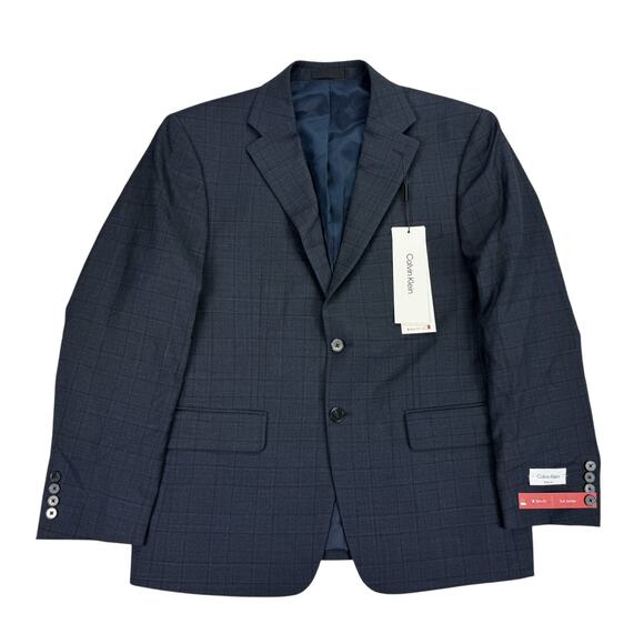 Calvin Klein Mens X Slim Fit Wool Blend Stretch Plaid Suit Jacket Navy Blue 42S - Picture 1 of 5